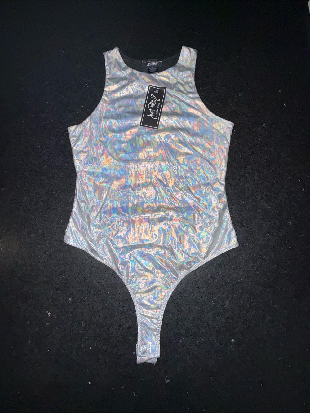 NEW Just Polly Sexy Silver
Holigraphic Tank Top 1pc Bodysuit SZ L NWT